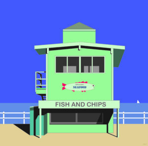 Ron Roem, Sunny Beach IV, zeefdruk 50 x 50 cm.